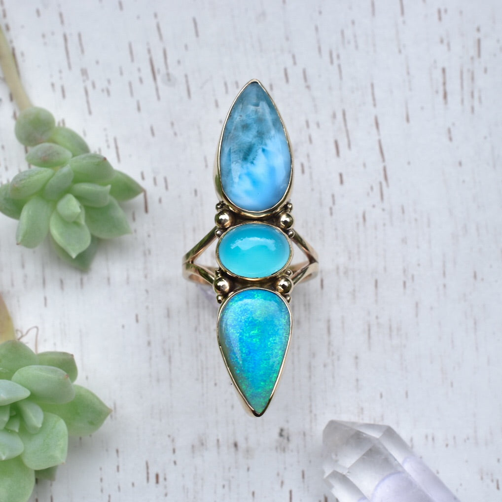 Australian opal aqua chalcedony and larimar in solid 14k yellow gold with gold dots reserved - Angel Alchemy Jewelry