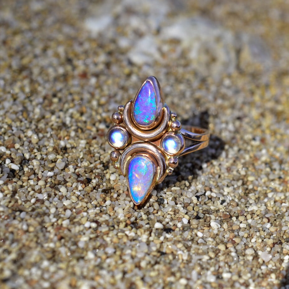 Australian opals and moonstones mini La Luna talisman ring in solid 14k gold with gold crescents and gold dots semi custom reserved - Angel Alchemy Jewelry
