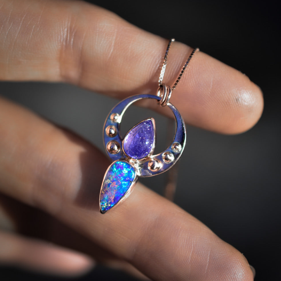 Australian opal and tanzanite pendent in solid 14k rose gold and gold dots semi custom reserved - Angel Alchemy Jewelry