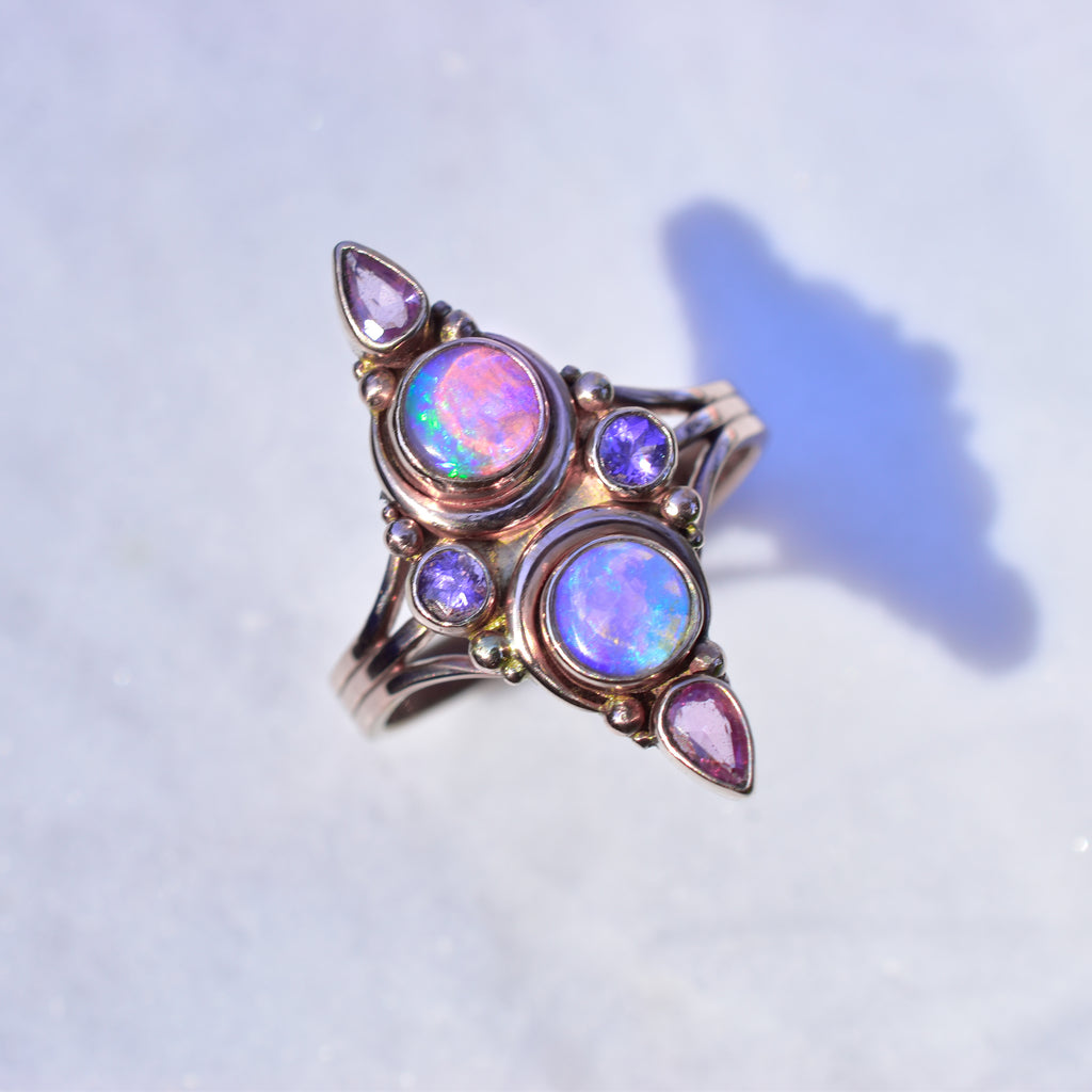 Australian opal , pink sapphire and Tanzanite Mini La Luna Grande ring in solid 14k rose gold - Angel Alchemy Jewelry