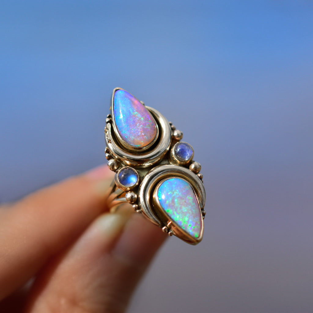 Australian opals and moonstone La Luna ring in solid 14k gold with gold crescents and gold dots semi custom reserved - Angel Alchemy Jewelry