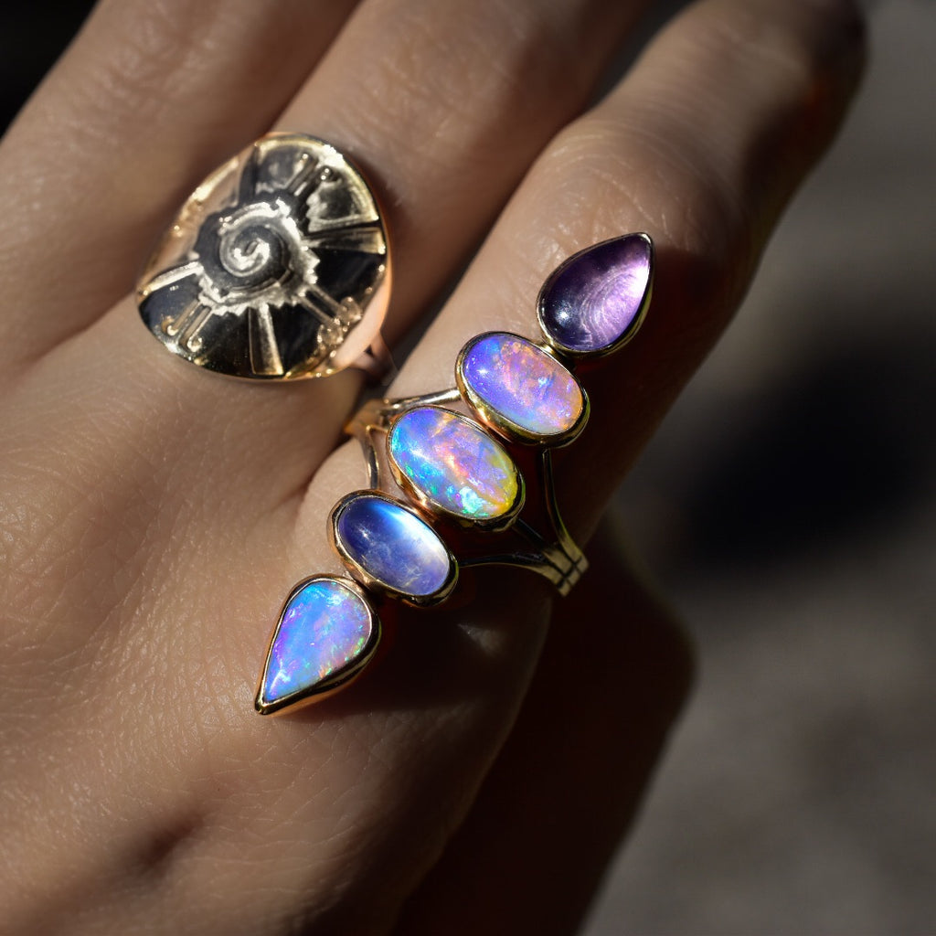 Australian opals with high grade moonstone and amethyst floating unicorn ring in solid 14k gold semi custom reserved - Angel Alchemy Jewelry