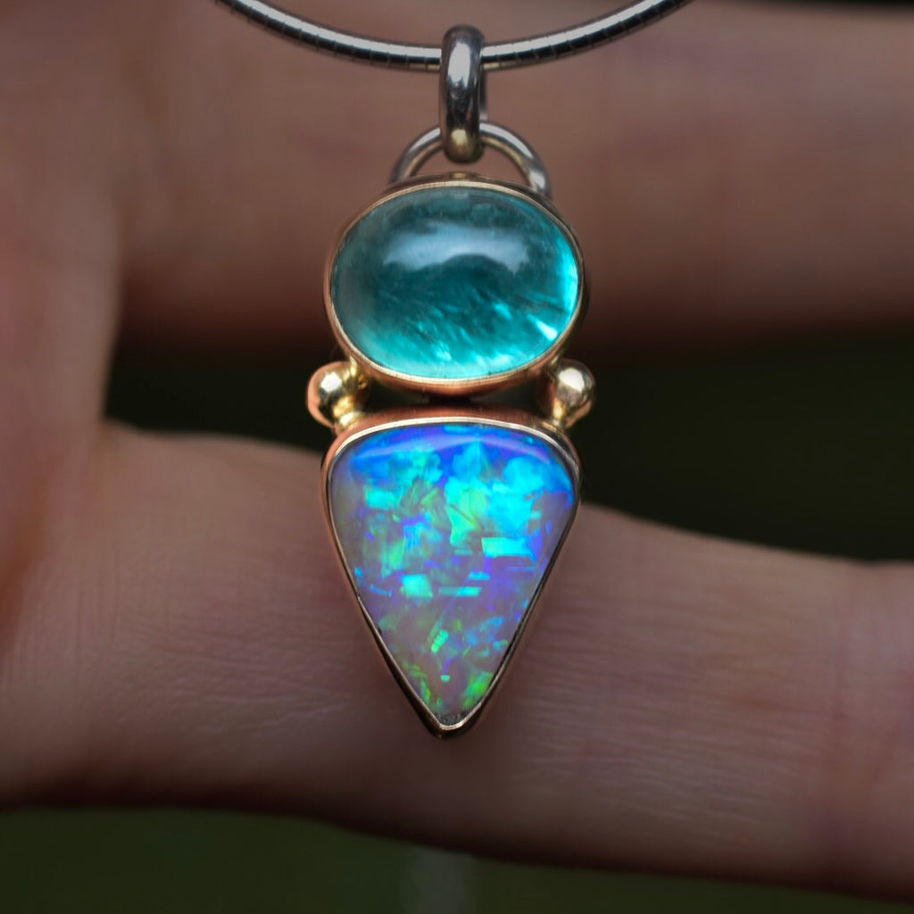 Australian Opal and Apatite pendant with gold bezels - Angel Alchemy Jewelry