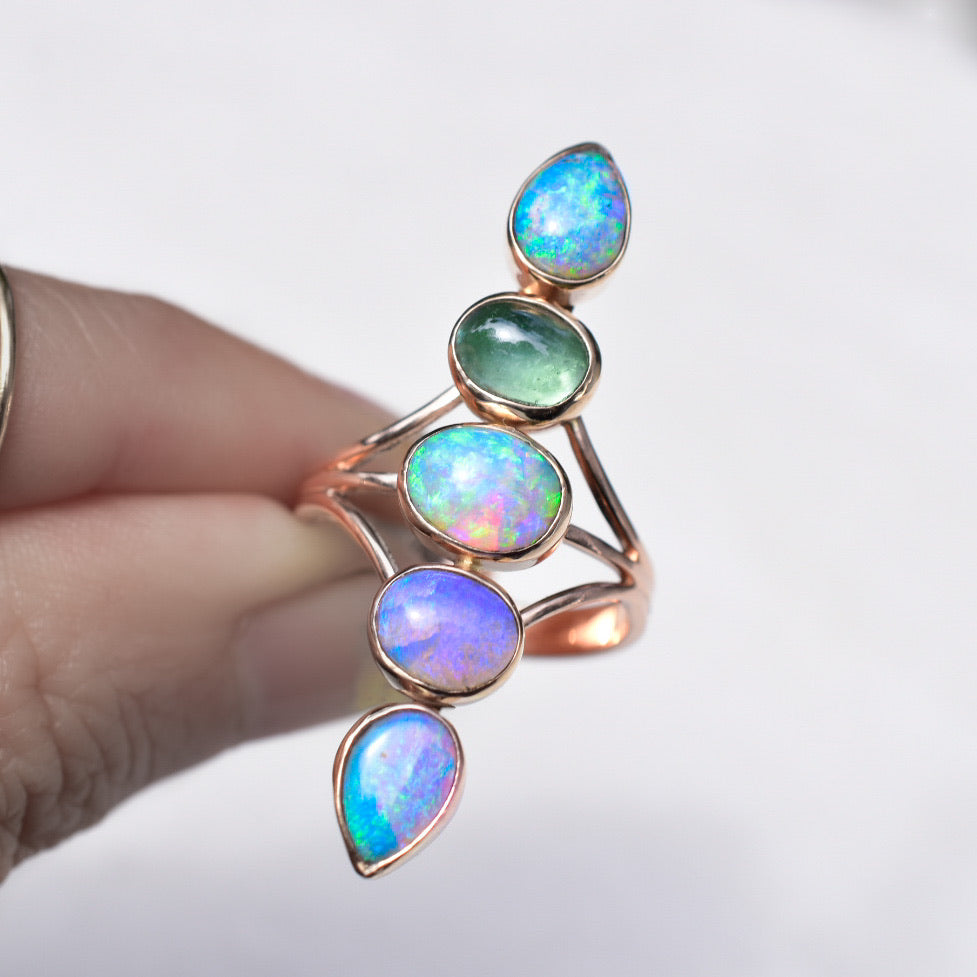 Australian opals and a minty green tourmaline  “floating” Unicorn Talisman ring in solid 14k rose gold. - Angel Alchemy Jewelry