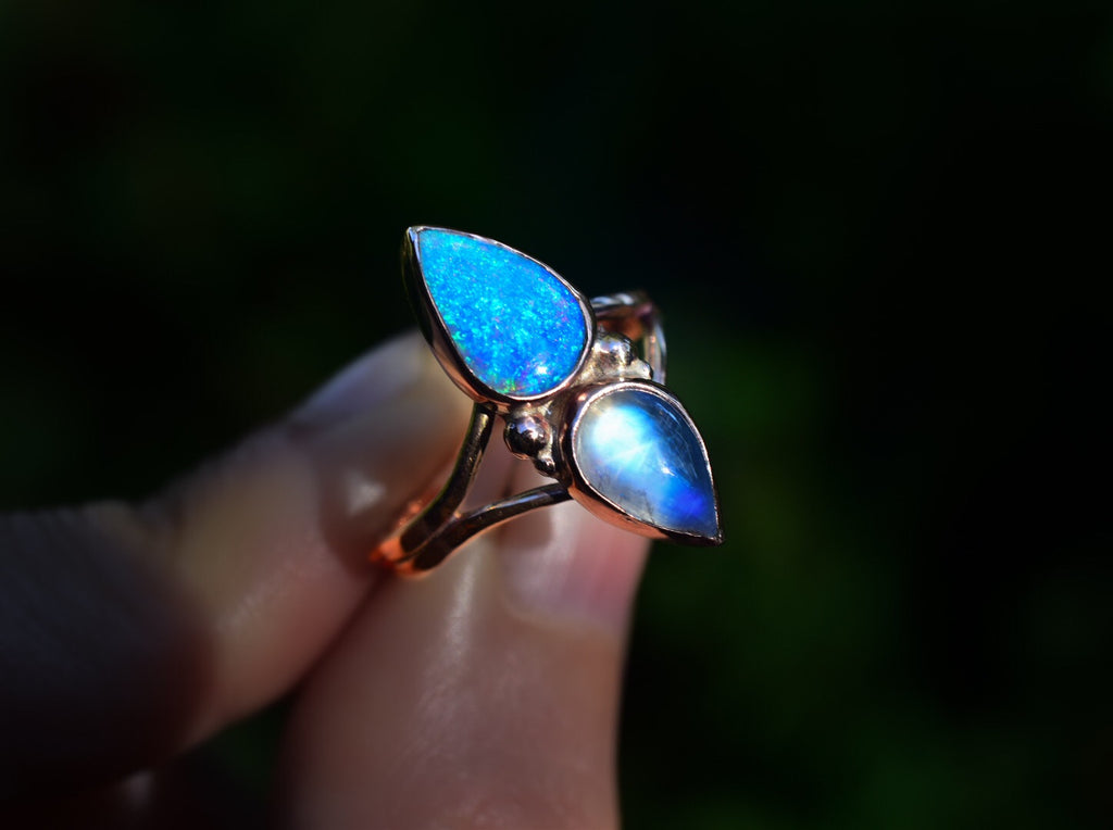 Opal and Moonstone Mini Talisman Ring in Solid Gold Semi Custom - Angel Alchemy Jewelry