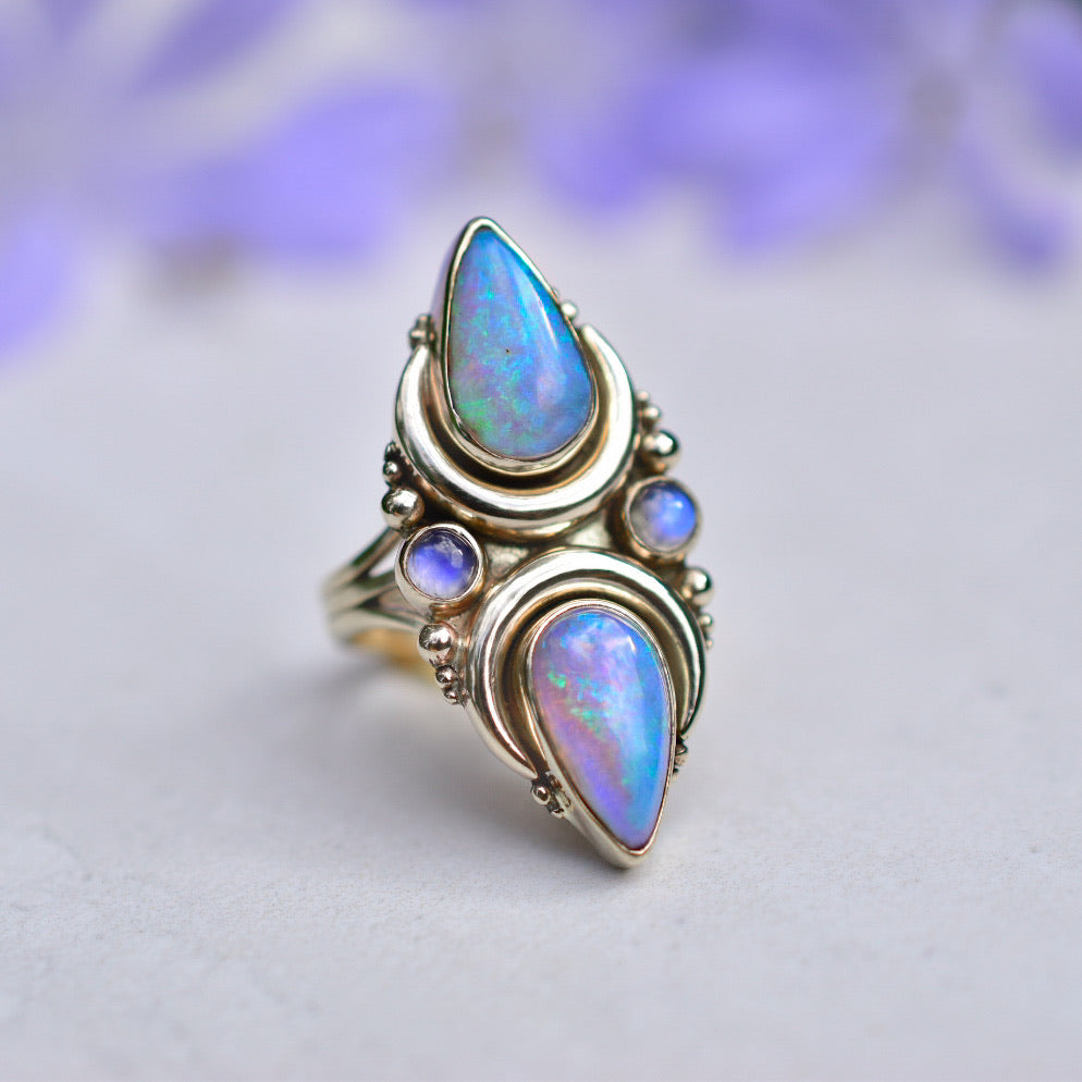 Australian opals and moonstone La Luna ring in solid 14k gold with gold crescents and gold dots semi custom reserved - Angel Alchemy Jewelry