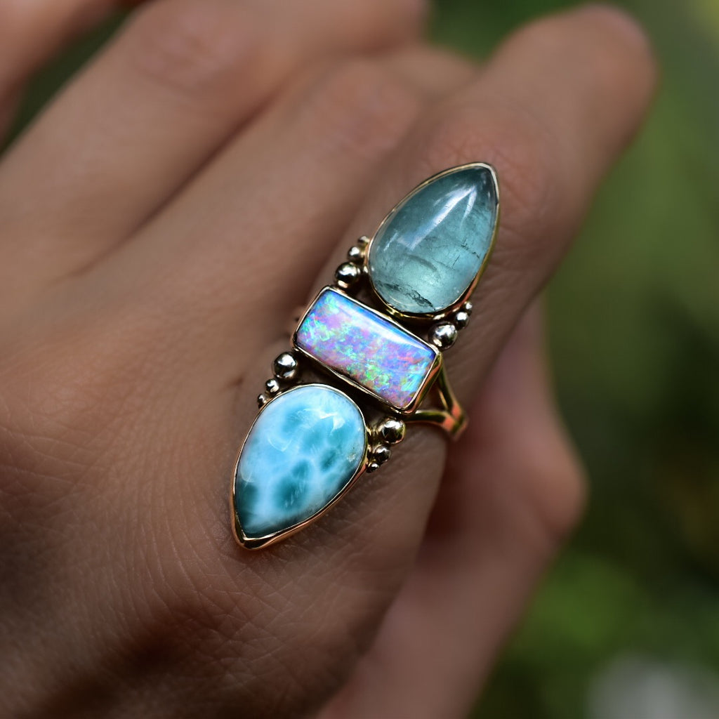 Australian opal , larimar and paraiba green tourmaline ring in solid 14k gold with gold details semi custom reserved - Angel Alchemy Jewelry