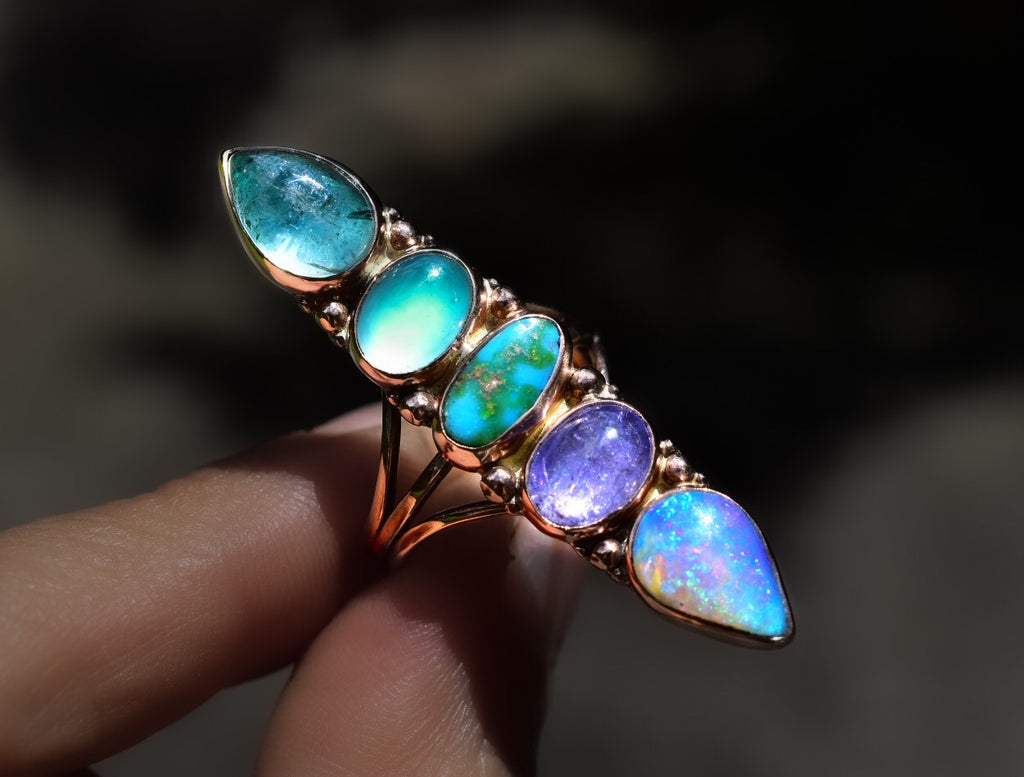 Australian Opal Unicorn Ring with Peruvian Opal, Tanzanite, and Turquoise  in solid 14k yellow or Rose Gold Semi Custom.  White gold dots are an option semi custom reserved - Angel Alchemy Je