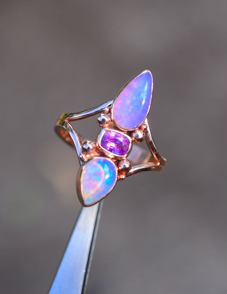 Australian opals and a faceted sapphire talisman ring in solid 14k gold - Angel Alchemy Jewelry