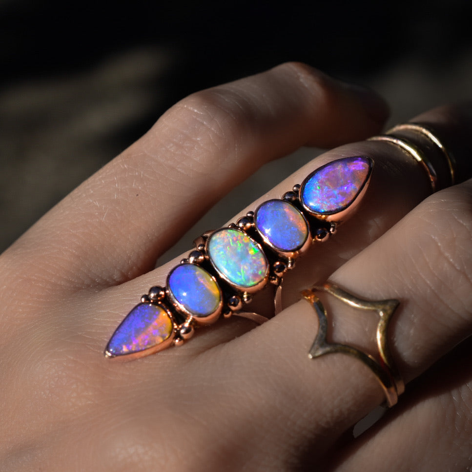 Australian opal unicorn ring in solid 14k gold with gold dots semi custom reserved - Angel Alchemy Jewelry