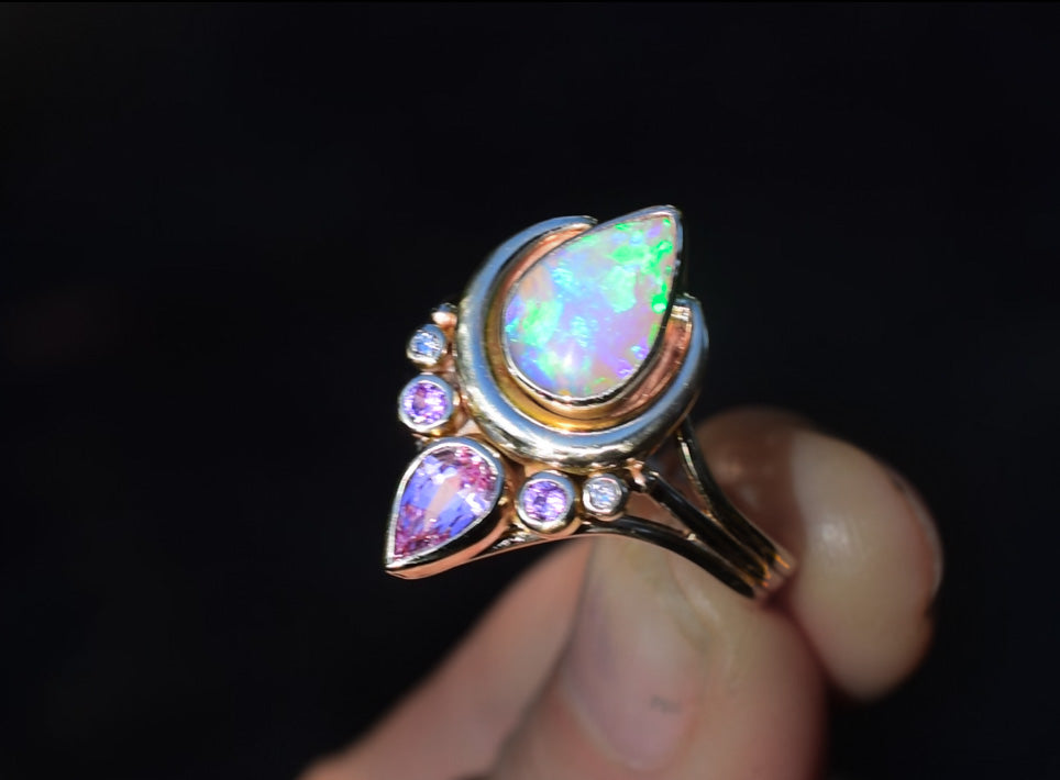 Moonflower Ring with Pink Opal, Neon Pink Spinel, Lilac Sapphire and Diamonds - Angel Alchemy Jewelry