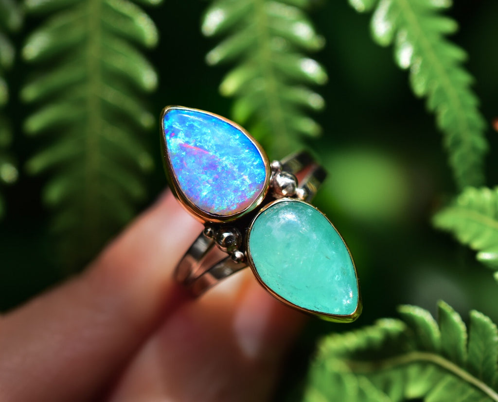 Australian Opal and Emerald ring in solid gold reserved - Angel Alchemy Jewelry