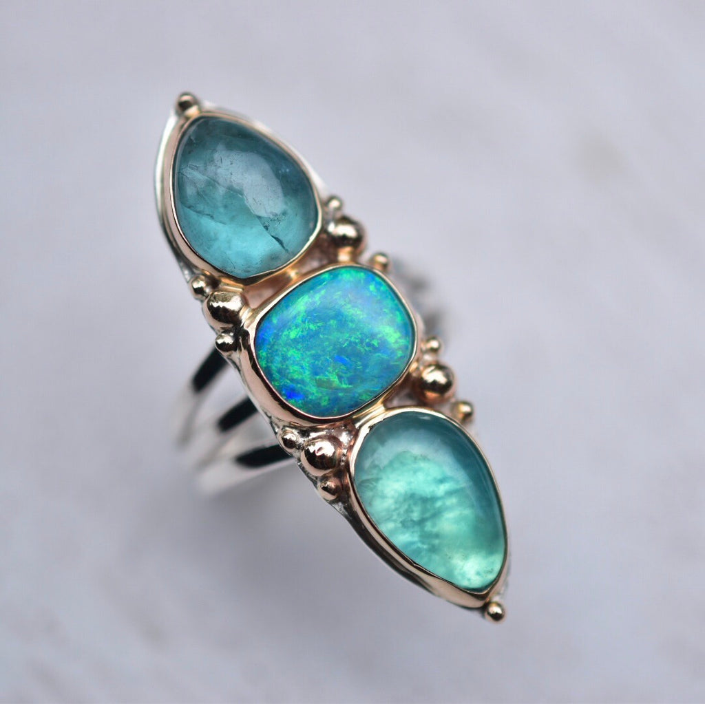 Deposit Australian opal and Peruvian Opal ring with Tourmaline, Gold bezels and gold dots reserved - Angel Alchemy Jewelry