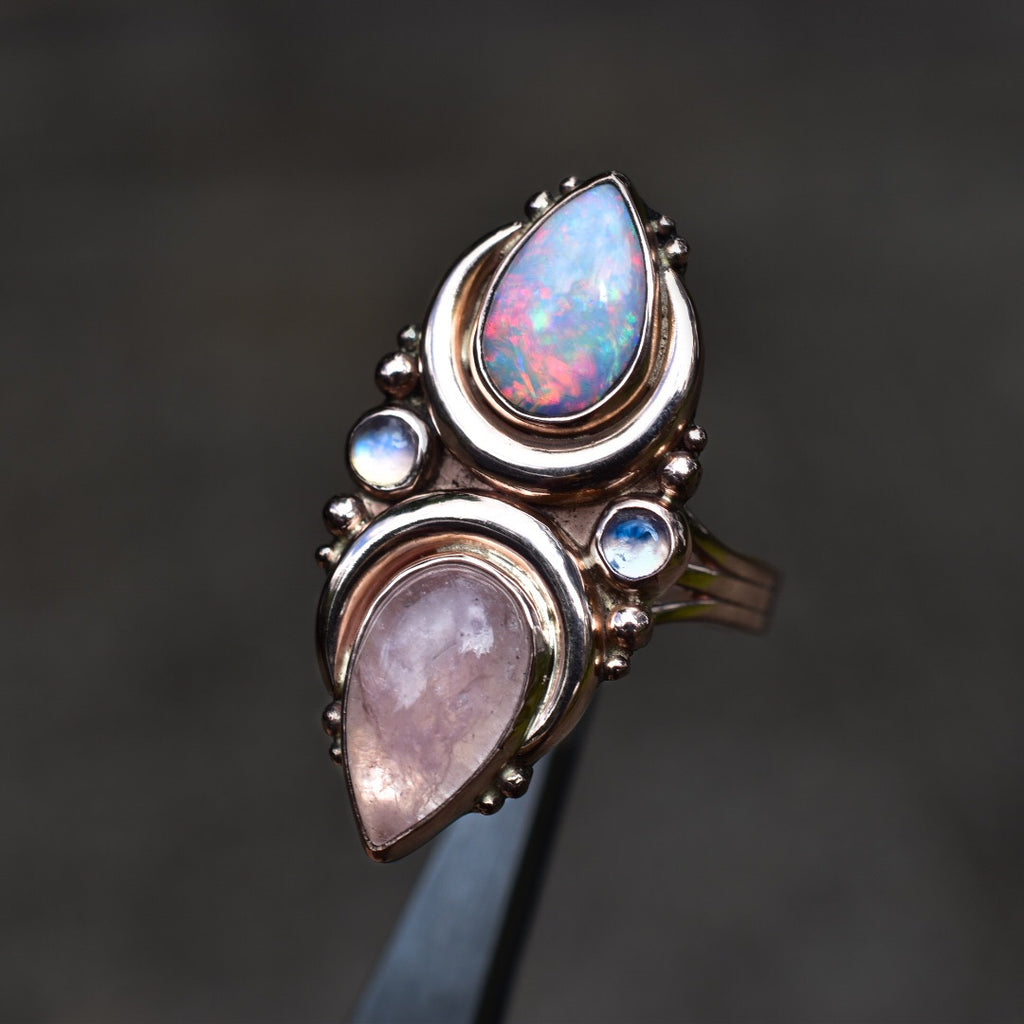 Australian opal , morganite and moonstone La Luna ring in solid 14k rose gold with gold dots semi custom reserved - Angel Alchemy Jewelry