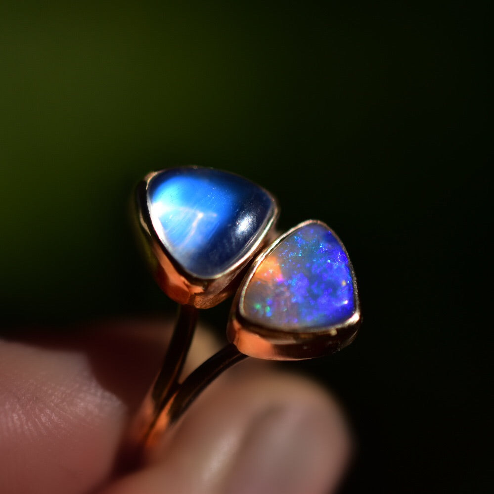 Australian Opal and Moonstone As Above So Below Ring in Solid Gold Semi Custom - Angel Alchemy Jewelry