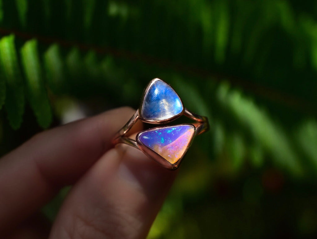 Australian opal and moonstone floating “above as below” in solid 14k rose gold size 8.5 semi custom reserved - Angel Alchemy Jewelry