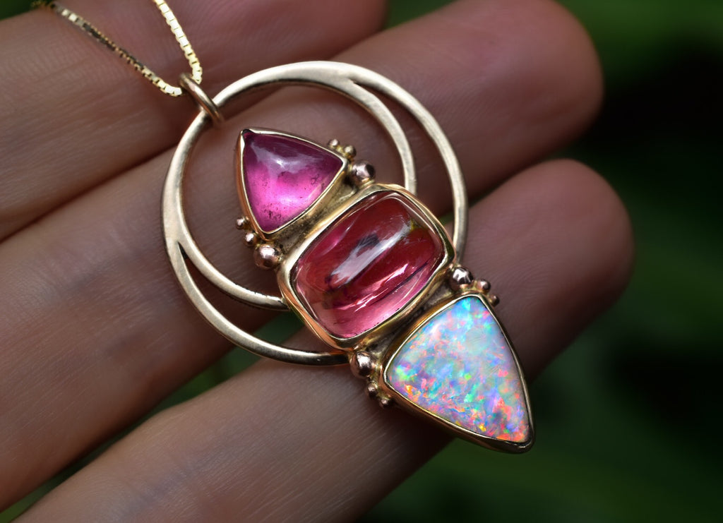 Electric Purple Australian Opal with high grade Moonstones Pendant in Solid Rose or Yellow Gold Semi Custom reserved - Angel Alchemy Jewelry