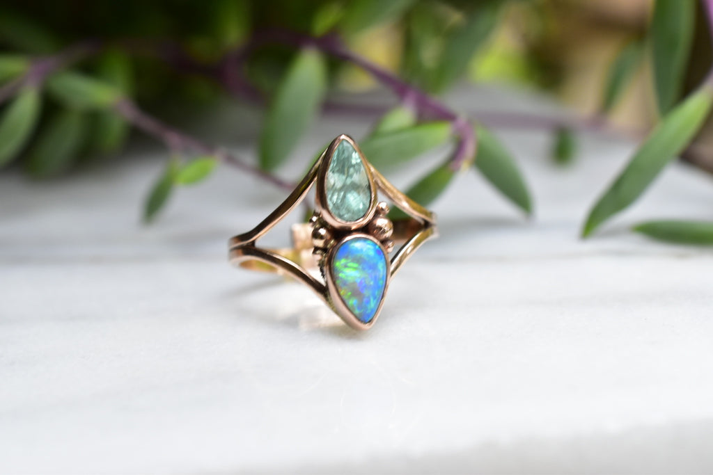 Australian Opal and Tourmaline Talisman Ring reserved - Angel Alchemy Jewelry
