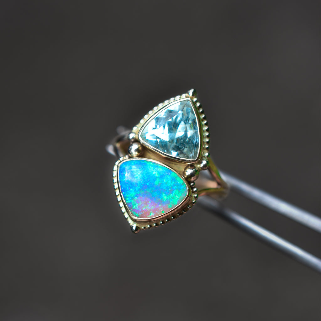 Minty Tourmaline and Opal As Above So Below Ring In 14k yellow and white gold - Angel Alchemy Jewelry