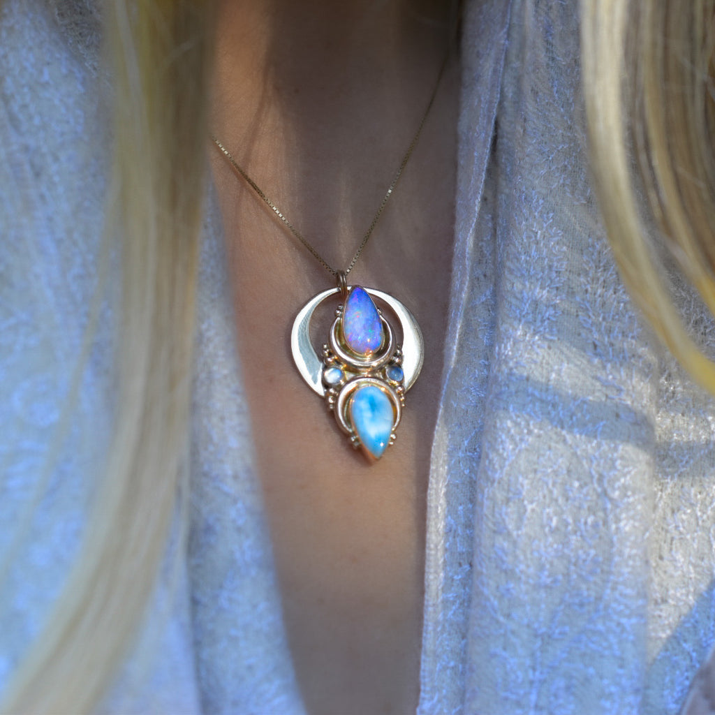 La Luna Talisman Pendant in solid 14k rose gold and yellow gold moon halo - Angel Alchemy Jewelry