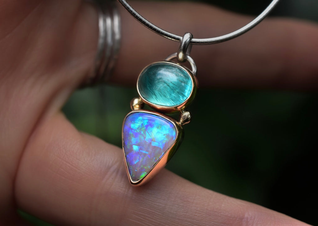 Australian Opal and Apatite pendant with gold bezels - Angel Alchemy Jewelry