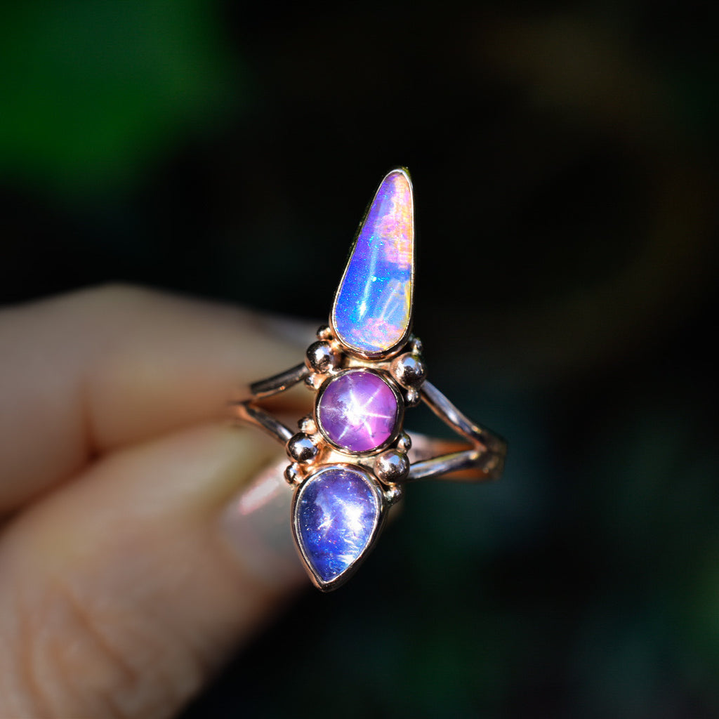 Star ruby , Australian opal and tanzanite ring in solid 14k gold with or without gold dots - Angel Alchemy Jewelry