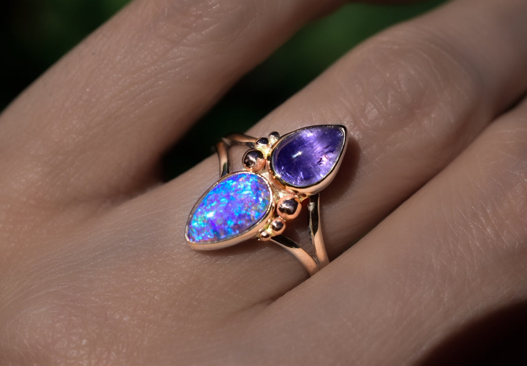 Australian opal and tanzanite ring in solid 14k gold with gold dots semi custom reserved - Angel Alchemy Jewelry
