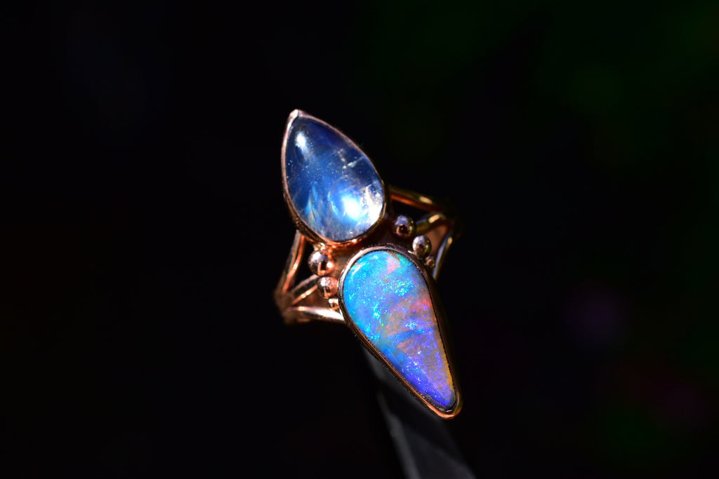 Australian Opal Talisman Ring with high grade Moonstone in Rose Gold reserved - Angel Alchemy Jewelry