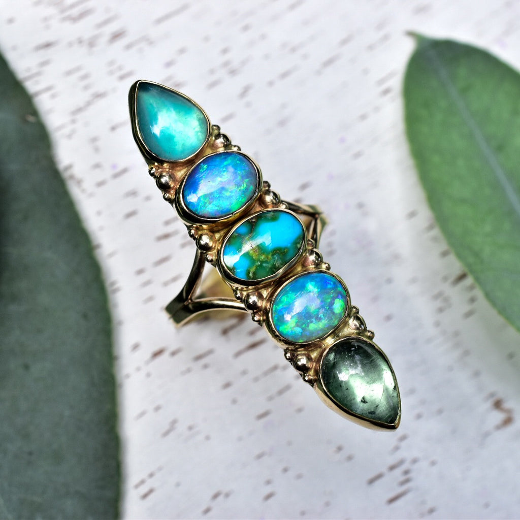 Australian opal , Peruvian opal , turquoise and green tourmaline unicorn ring in solid 14k yellow gold with yellow gold dots size 8 semi custom reserved - Angel Alchemy Jewelry