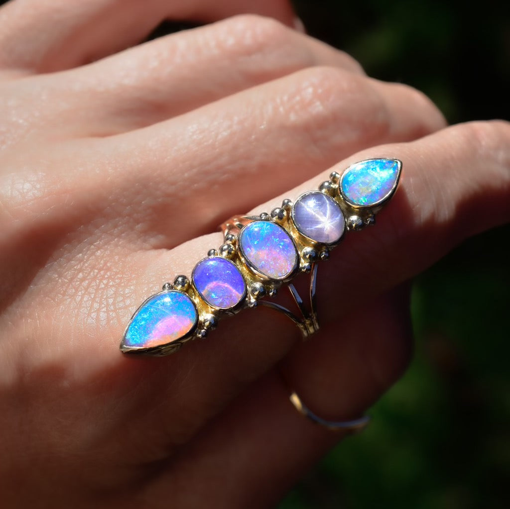 Australian opals and star lavender sapphire unicorn talisman ring in solid 14k yellow gold with white gold dots - Angel Alchemy Jewelry