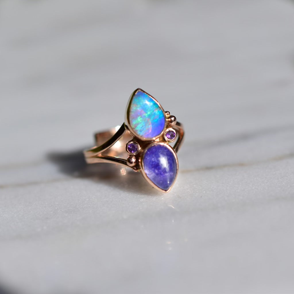 Australian opal ,tanzanite and amethyst two stone ring in solid 14k gold - Angel Alchemy Jewelry