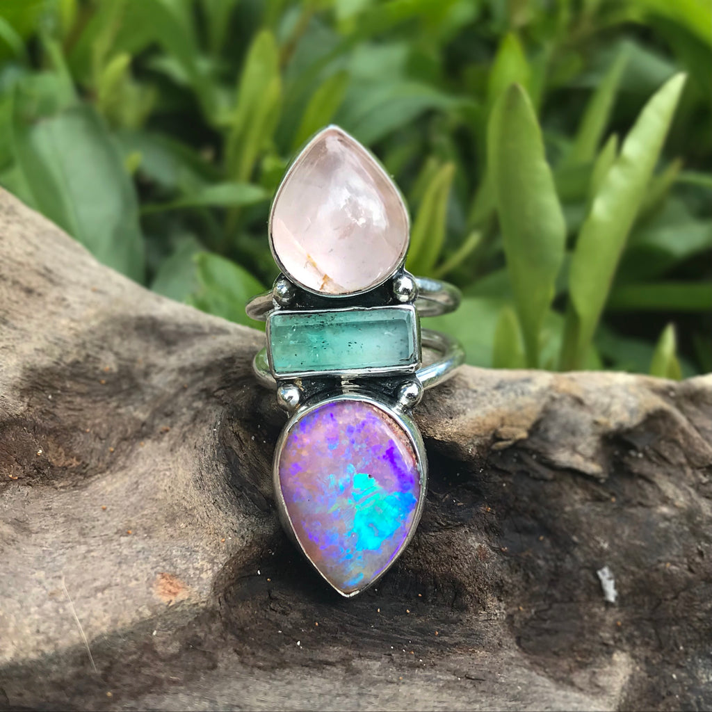 Australian Opal with Morganite, And Raw Emerald Talisman Ring - Angel Alchemy Jewelry