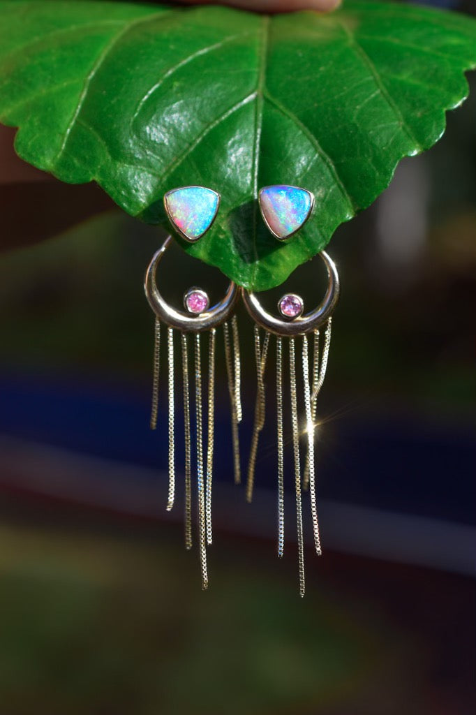 Australian opal and pink sapphire “Dipped in Moonlight” earrings in solid 14k yellow gold - Angel Alchemy Jewelry