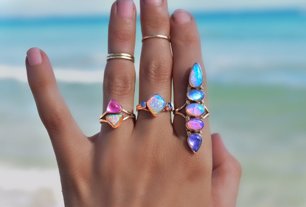 Australian Opal and pink Tourmaline Talisman Ring Semi Custom - Angel Alchemy Jewelry