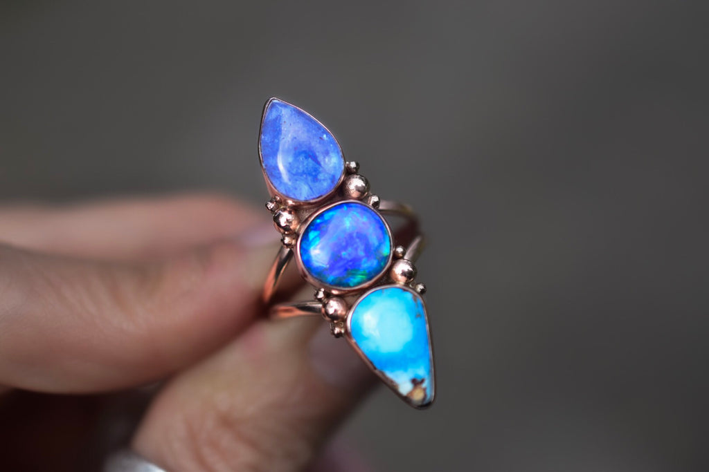 Australian Opal Ring with turquoise and Tanzanite in Solid Rose gold - Angel Alchemy Jewelry