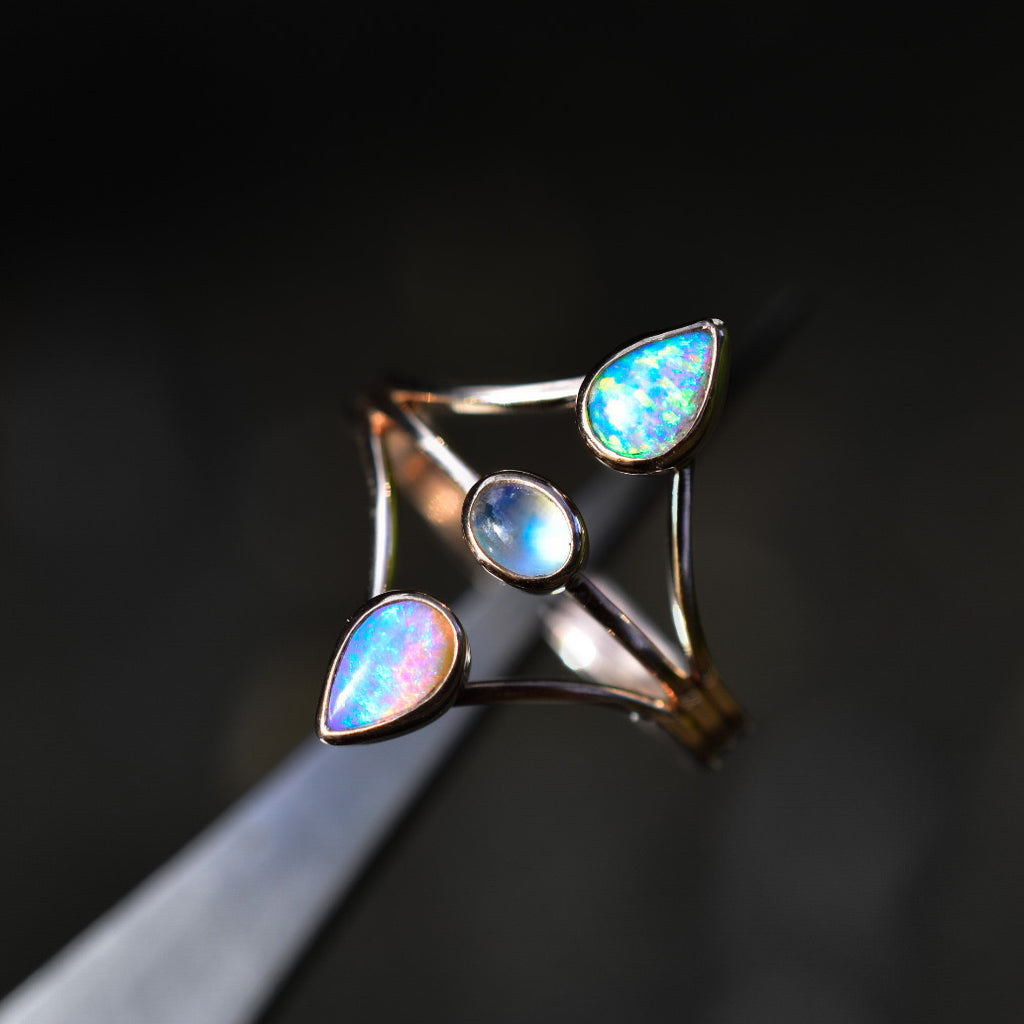 Australian opals and high grade moonstone mini “Floating” ring in solid 14k rose gold. - Angel Alchemy Jewelry