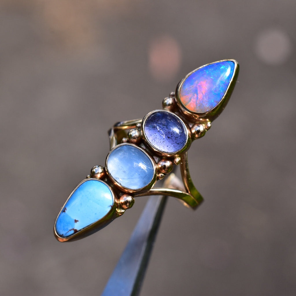 Semi Custom Australian Opal Ring with Turquoise, Goshenite and Iolite - Angel Alchemy Jewelry