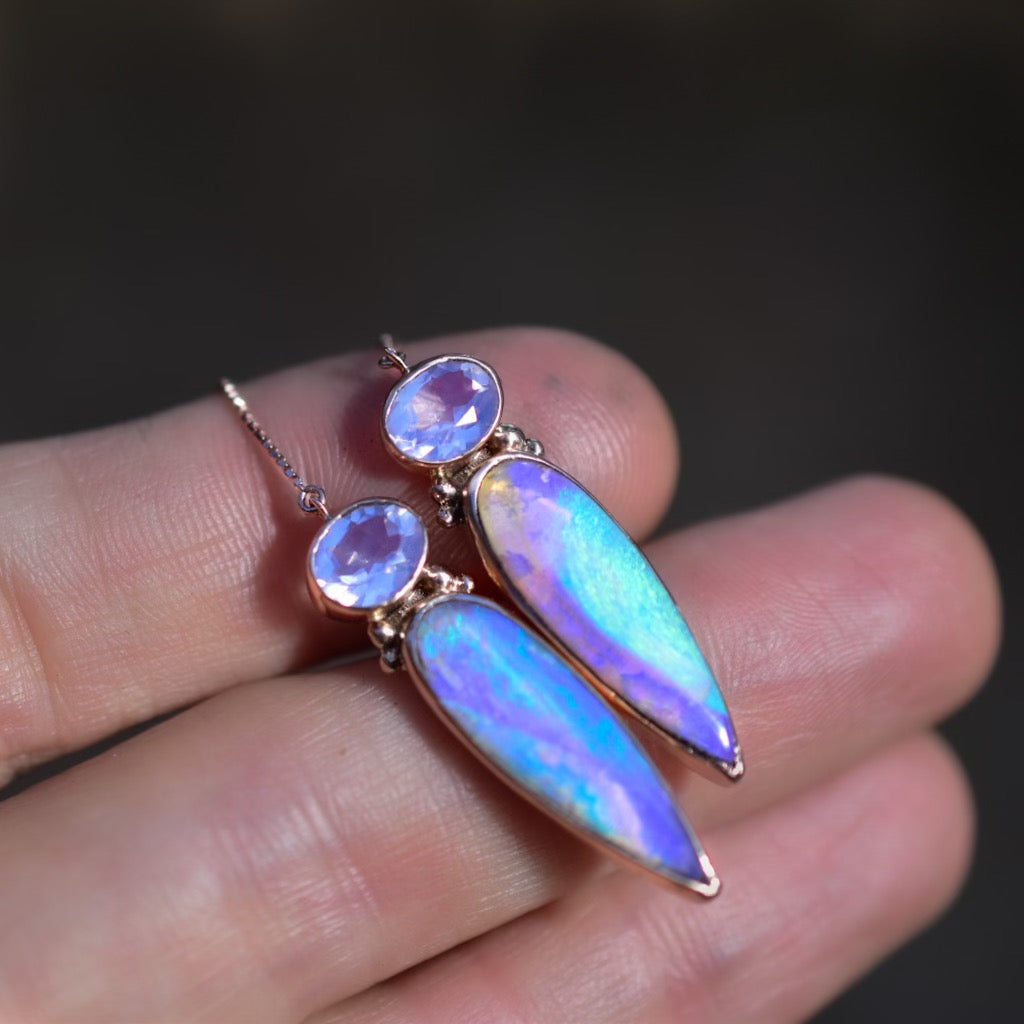 Australian opal and faceted lavender quartz solid 14k rose gold threader earrings - Angel Alchemy Jewelry