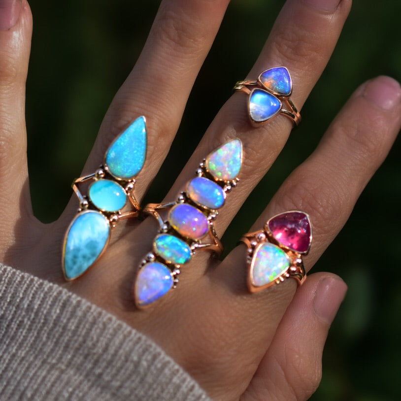 Australian Opal and pink Tourmaline Talisman Ring Semi Custom - Angel Alchemy Jewelry