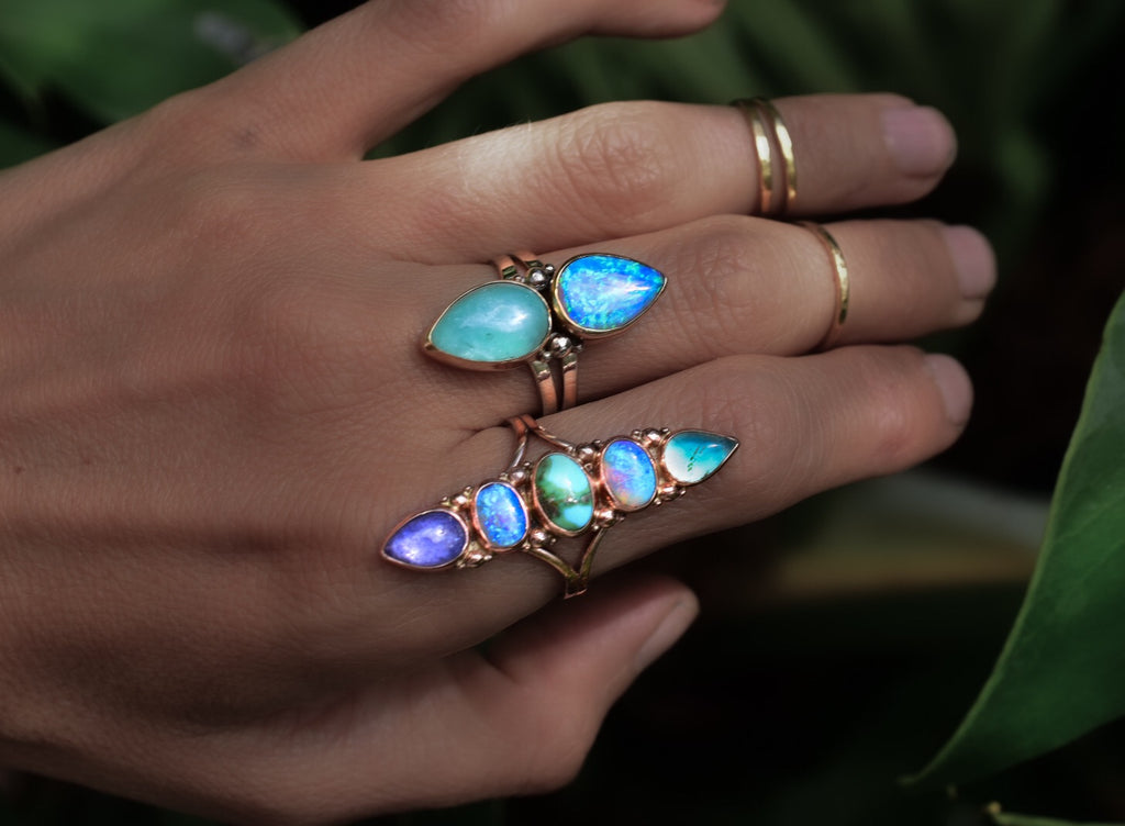 Australian opal , tanzanite and Sonoran gold turquoise Unicorn ring in 14k solid rose gold with white gold dots semi custom reserved - Angel Alchemy Jewelry