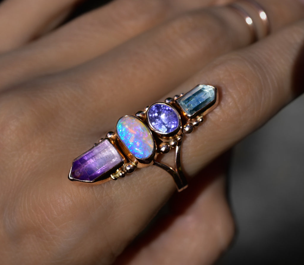 Australian opal, sapphire , amethyst and aquamarine ring in solid 14k rose gold with gold dots semi custom reserved - Angel Alchemy Jewelry