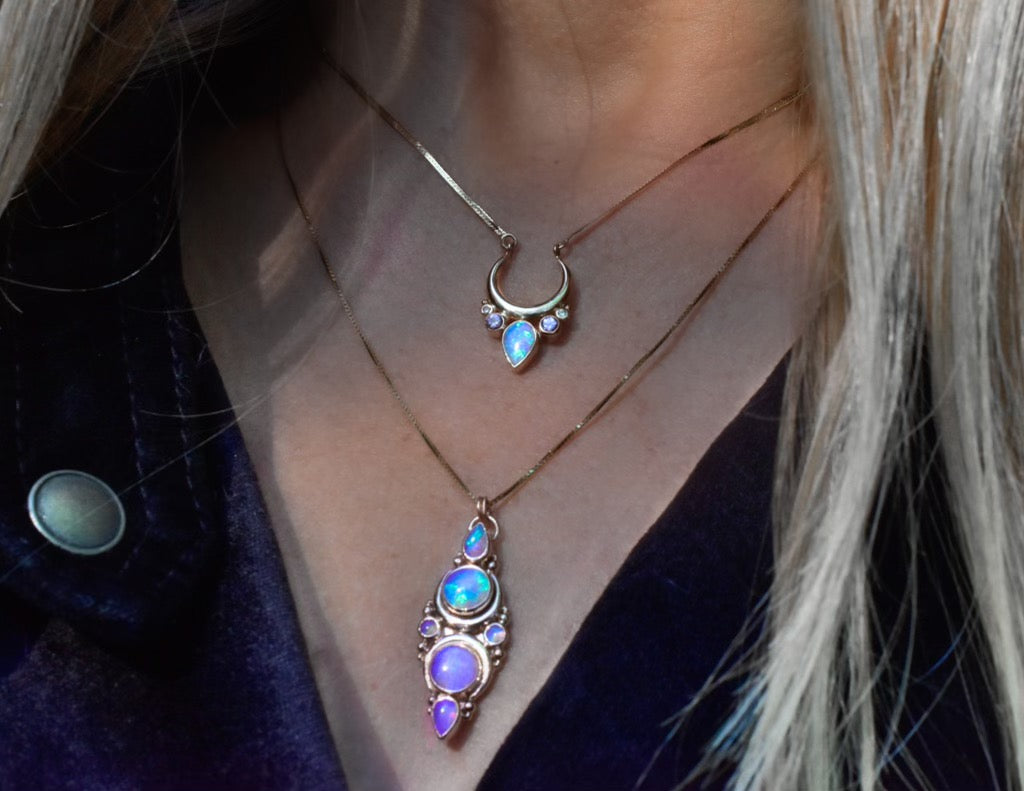 Australian opal , spinel and diamond “Take Flight” necklace in solid 14k yellow gold - Angel Alchemy Jewelry