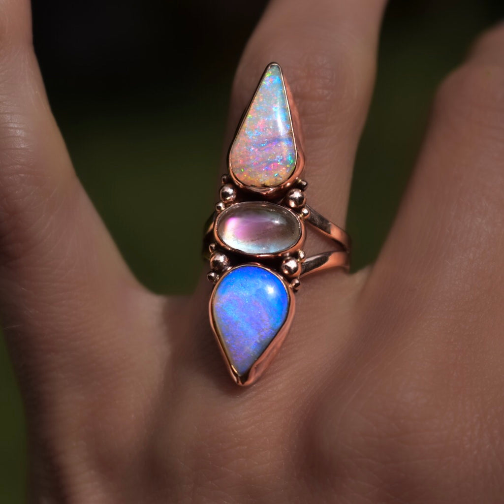 Australian Opal Ring with High Grade Rainbow Moonstone in solid Gold- Semi Custom - Angel Alchemy Jewelry