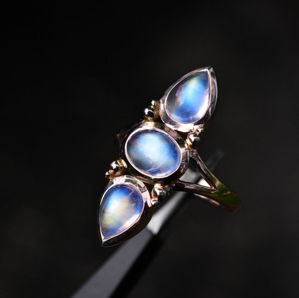 High grade moonstone talisman ring in solid 14k yellow gold with gold dots - Angel Alchemy Jewelry