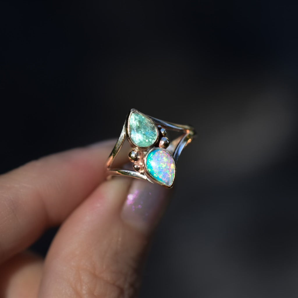 Australian opal and faceted minty tourmaline two stone ring in solid 14k yellow gold - Angel Alchemy Jewelry