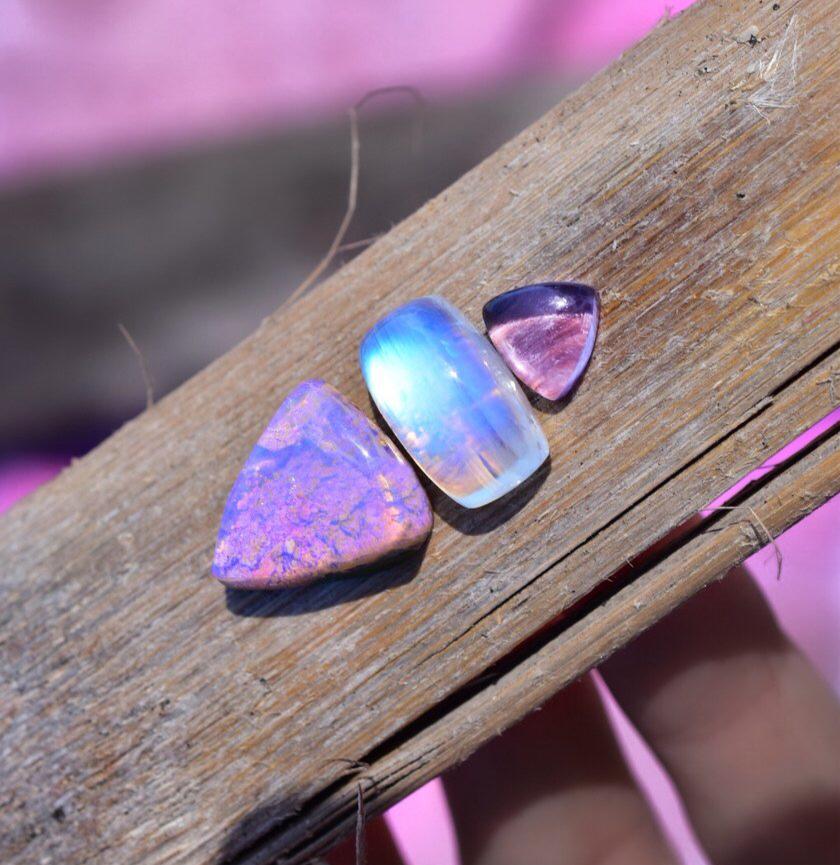 Electric Purple Australian Opal with high grade Moonstones Pendant in Solid Rose or Yellow Gold Semi Custom reserved - Angel Alchemy Jewelry