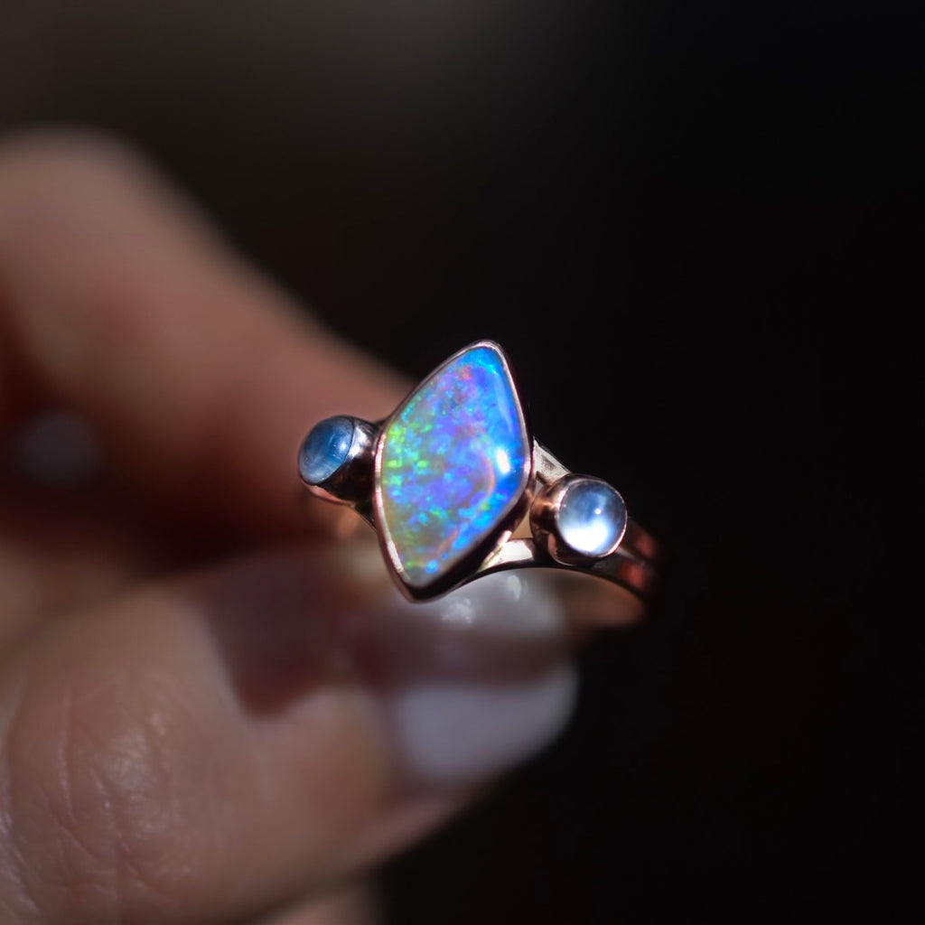 (Reserved: Deposit) Australian Opal Ring with Moonstone in Rose Gold - Angel Alchemy Jewelry
