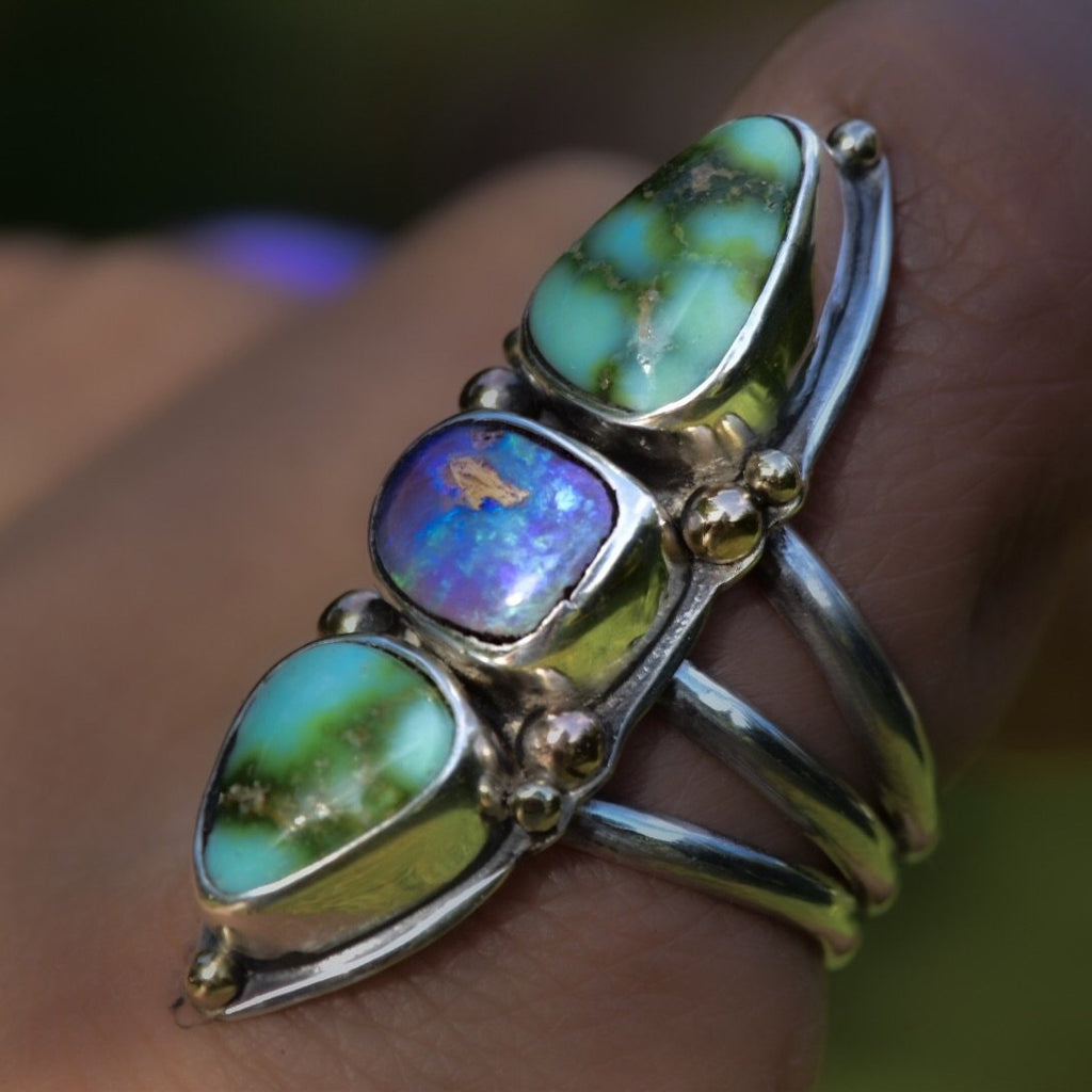 Australian Opal and Sonoran Gold Turquoise Goddess Talisman Ring - Angel Alchemy Jewelry