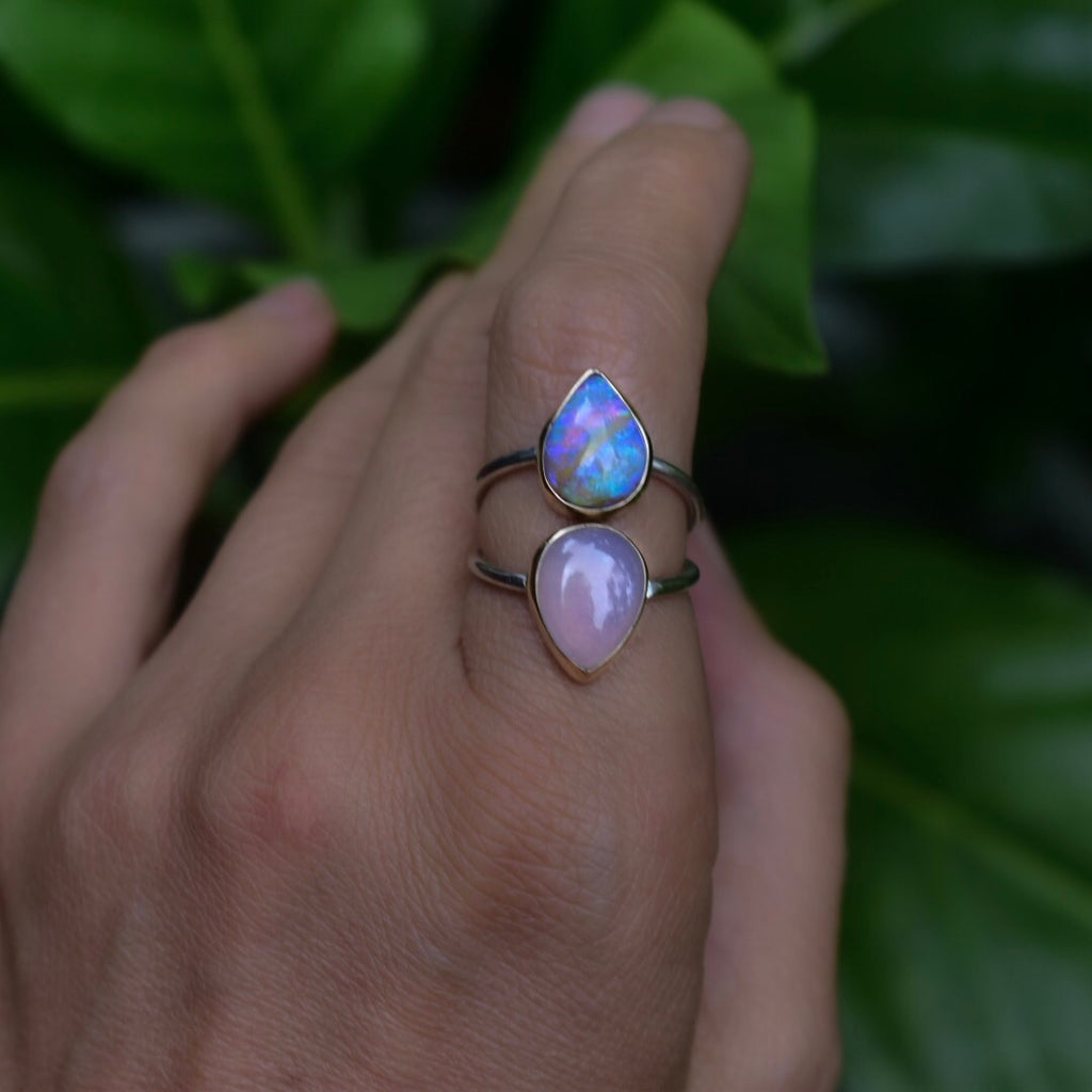 Lavender Quartz and Australian Opal ring with Gold Bezels size 6.75 - Angel Alchemy Jewelry