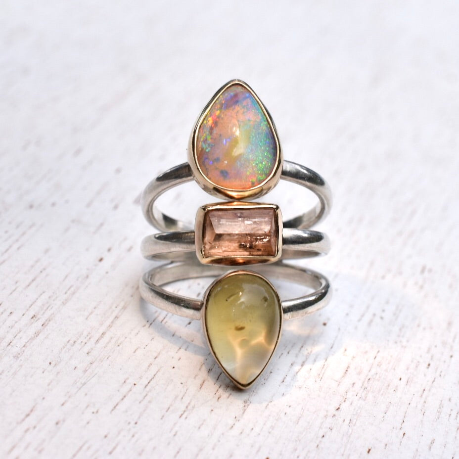 Australian Opal Ring with Imperial Topaz and Citrine- Goddess Talisman Gold Bezels (reserved) - Angel Alchemy Jewelry